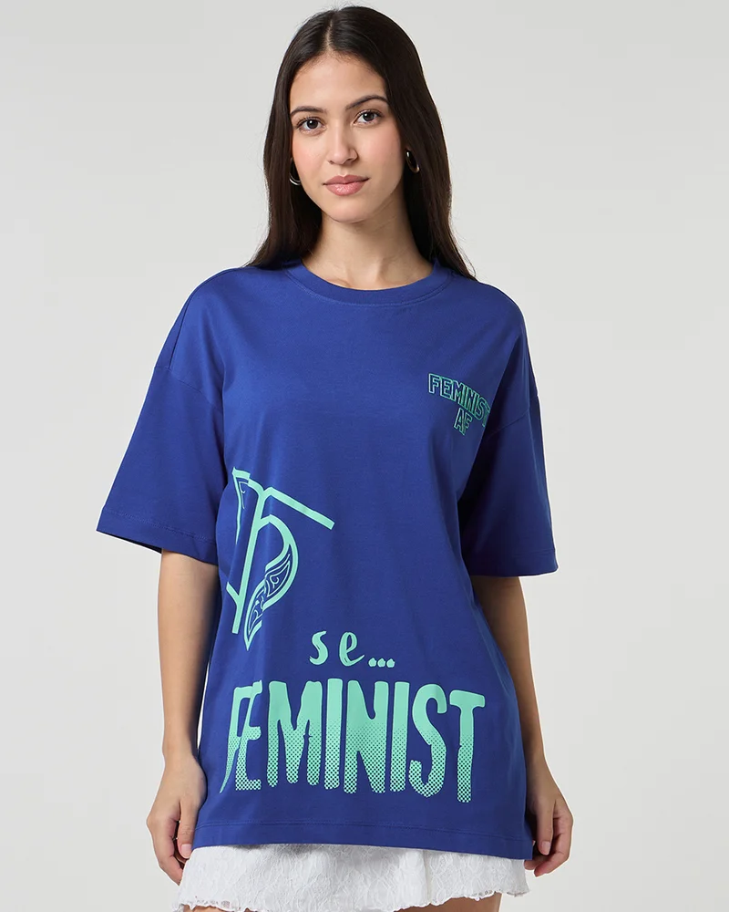 بيواكوف Women's Blue Feminist Graphic Printed Oversized T-shirt